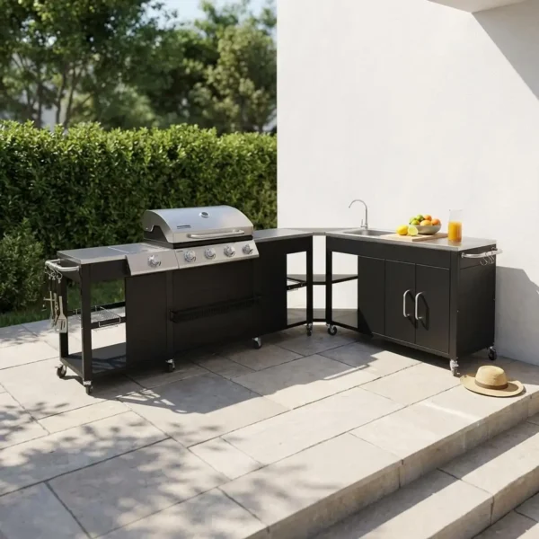 Sweeek- Modulo Cucina Da Esterno Con Barbecue a 4 Bruciatori, Fuoco Laterale, Lavello e Porta Utensili